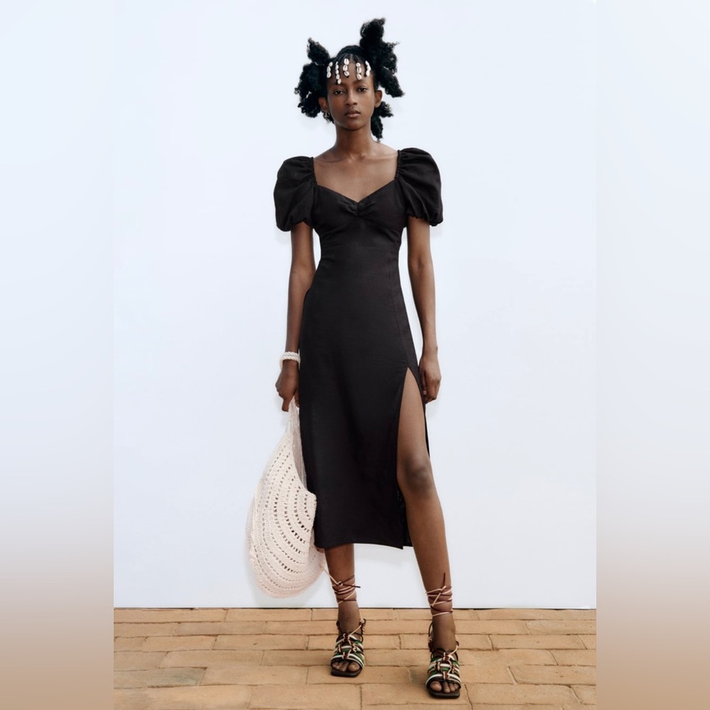 Zara Black BALLOON SLEEVE LINEN BLEND DRESS Size M